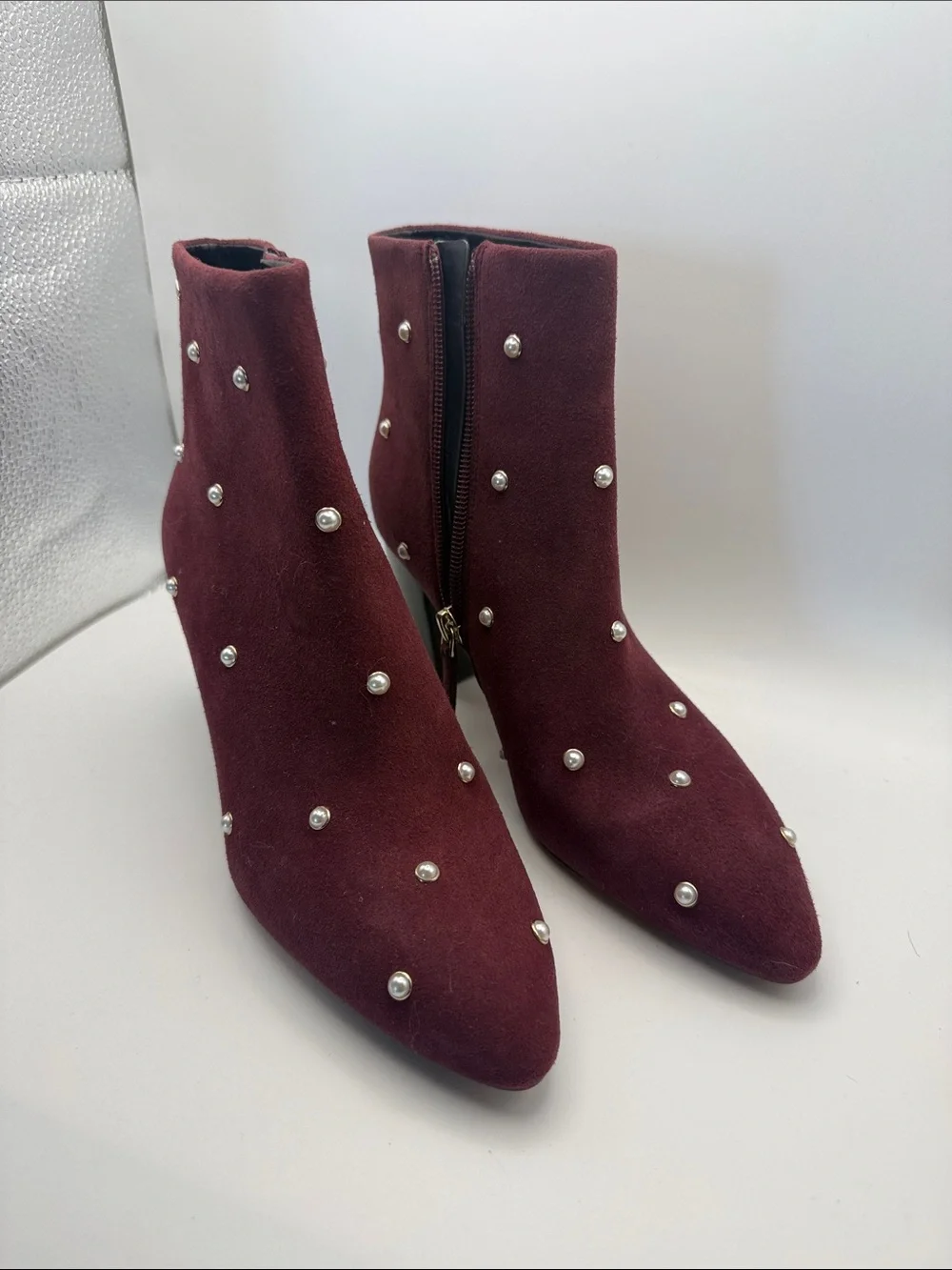Like New Kate Spade Burgundy Pearl-Embellished Suede Ankle Boots Booties Size 6